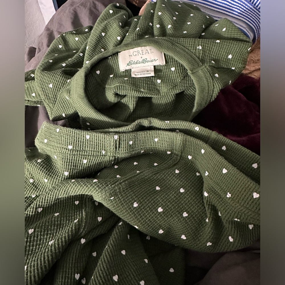 Eddie Bauer X The Great Colab Green thermal  Pajama Set with White Polka Dots